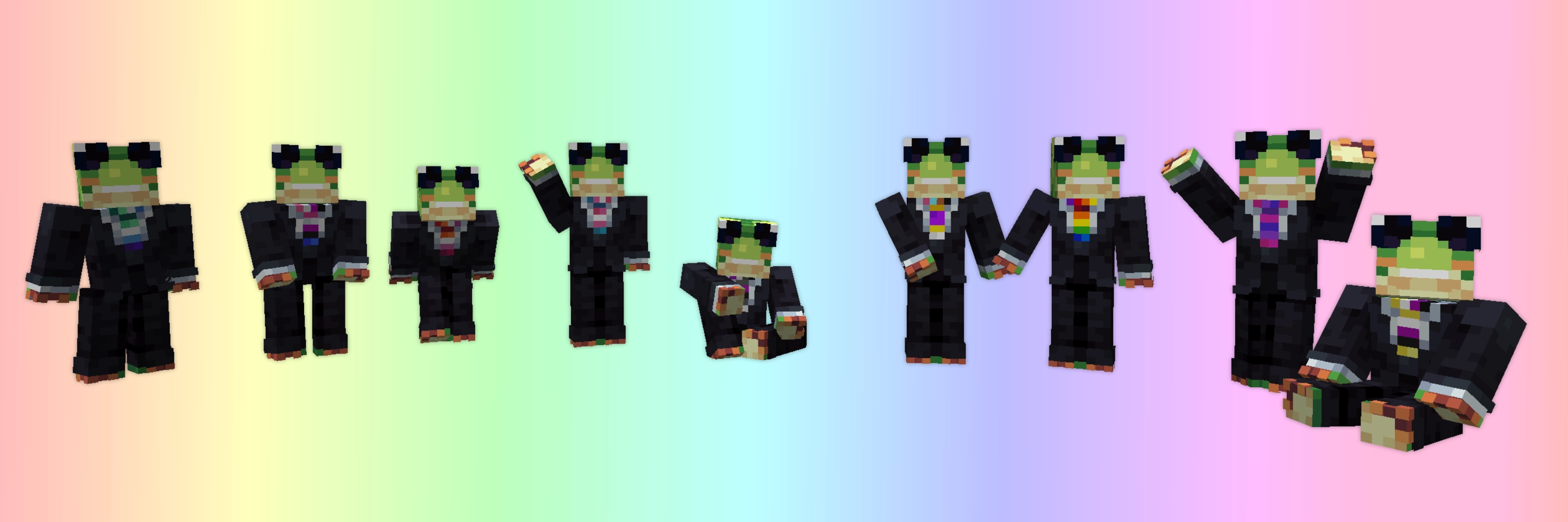 All of Mr. Packās variants (MLM, Genderfluid, Lesbian, Transgender, Asexual, Intersex, Pride, Bisexual, and Nonbinary) posed and lined up in a row.